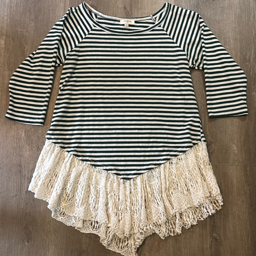 Umgee Green and White Striped Tunic with Cream Lace Hem